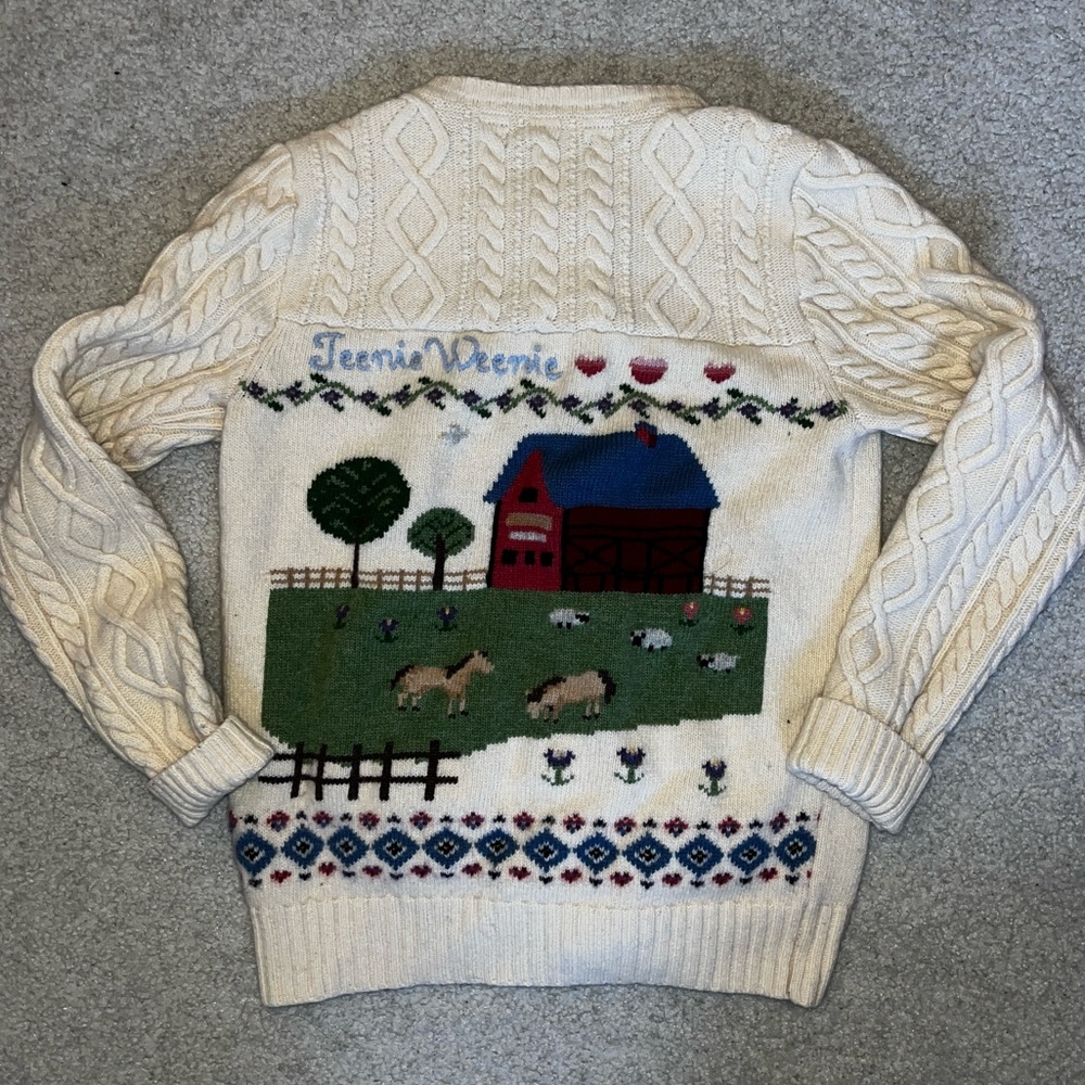 Button Down Cableknit Wool Cardigan with Farm Scene
